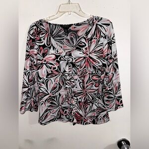 George Black, White & Pink Floral Ruffle V-Neck Blouse